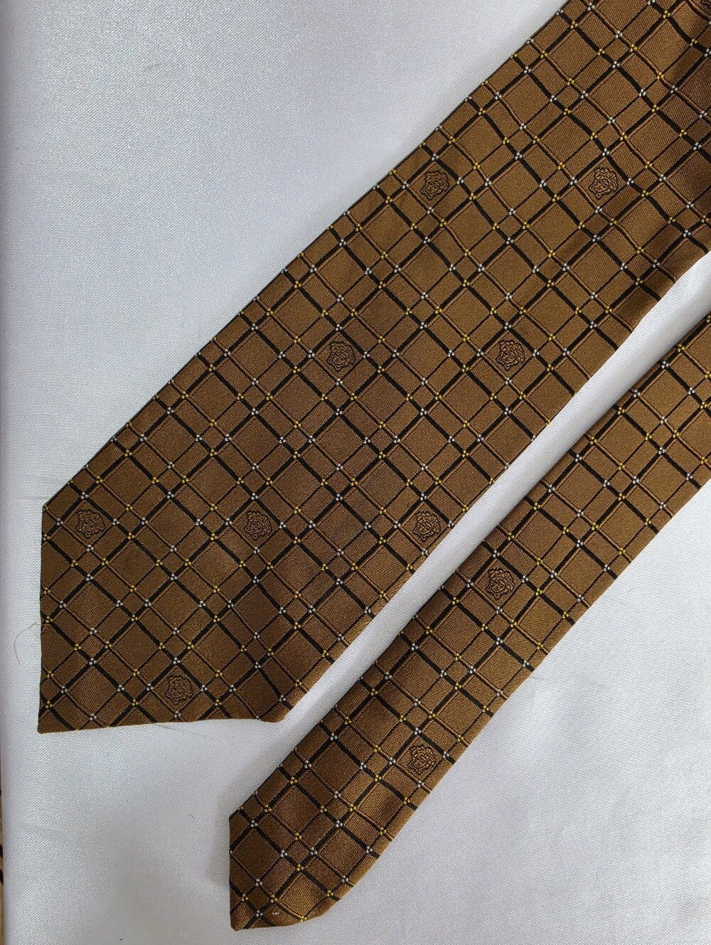 Versace Brown Geometric Silk Tie with Gold Accents